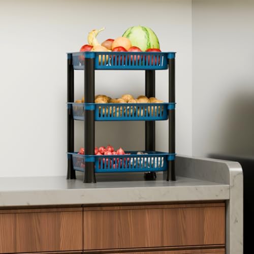 Biltoxi Kitchen Storage Rack 3 Layer Blue | Vegetable & Fruit Basket Organizer Stand | Space Saving Trolley Shelf for Onion, Potato, Grocery Storage | Plastic - Image 1