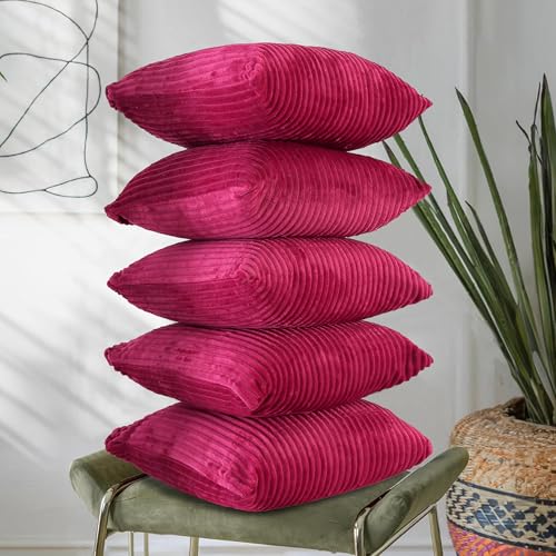 RD TREND® Cushion Cover Set of 5, Decorative Sofa Living Room Home Square Cushion Covers 24 Inch x 24 Inch, Aesthetic Corduroy Striped Double Sided (Magenta) - Image 1