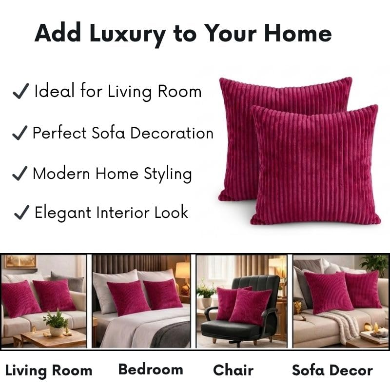 RD TREND® Cushion Cover Set of 5, Decorative Sofa Living Room Home Square Cushion Covers 24 Inch x 24 Inch, Aesthetic Corduroy Striped Double Sided (Magenta) - Image 3