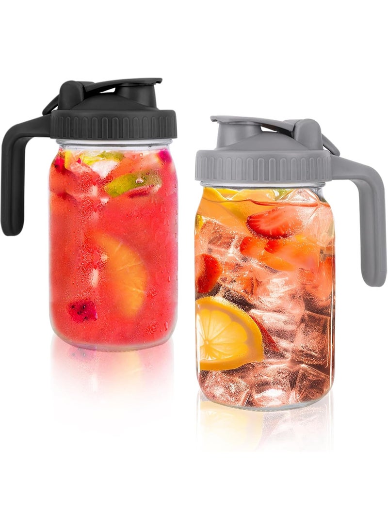 2Pcs Mason Jar Pitcher, 32oz Wide Mouth Glass Pitcher with Pour Spout Handle Lid, Leak-proof Airtight Beverage Container for Sun & Iced Tea, Cold Brew Coffee, Breast Milk Storage, Lemonade - Image 1