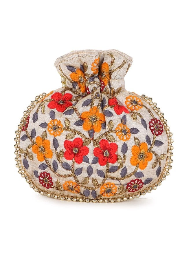 Anekaant Dangle Cream & Multi Floral Embroidered Faux Silk Potlis Combo (Pack of 2) - Image 4