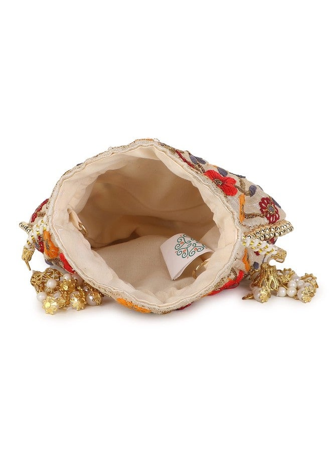 Anekaant Dangle Cream & Multi Floral Embroidered Faux Silk Potlis Combo (Pack of 2) - Image 5