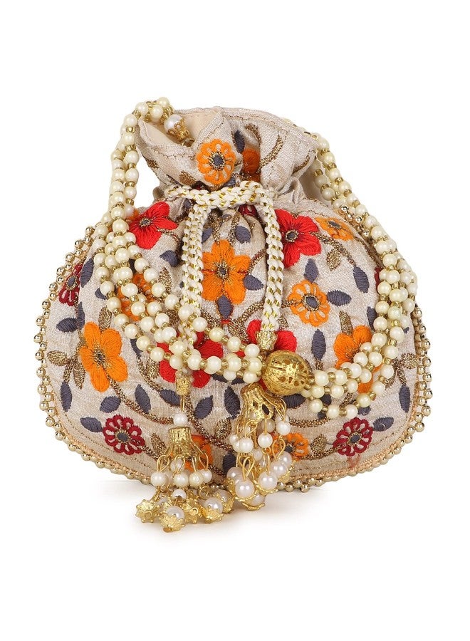 Anekaant Dangle Cream & Multi Floral Embroidered Faux Silk Potlis Combo (Pack of 2) - Image 2