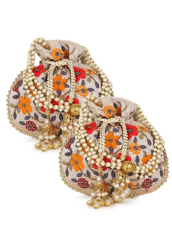 Anekaant Dangle Cream & Multi Floral Embroidered Faux Silk Potlis Combo (Pack of 2) - Image 1