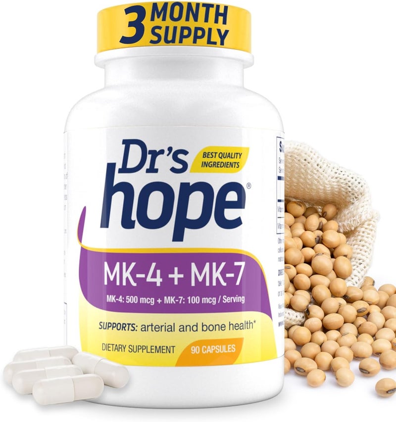 Drs Hope فيتامين K2 MK7 مع فيتامين K2 MK4 إمداد لمدة 3 أشهر مكمل فيتامين K2 عالي الفعالية لصحة العظام وصحة القلب والأوعية الدموية 90 كبسولة نباتية مصنوعة في الولايات المتحدة الأمريكية - Image 1