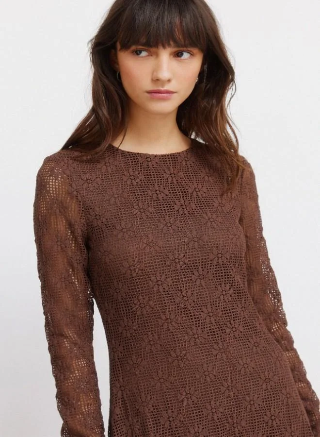 Springfield  Green semi-fitted funnel neck sheer long sleeve flared midi dress for Women | Best Price UAE