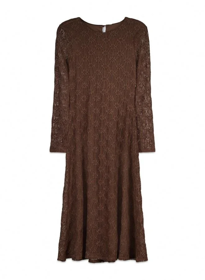 Springfield  Green semi-fitted funnel neck sheer long sleeve flared midi dress for Women | Best Price UAE