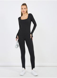 Textured Thumbhole Detail Square Neck Unitard