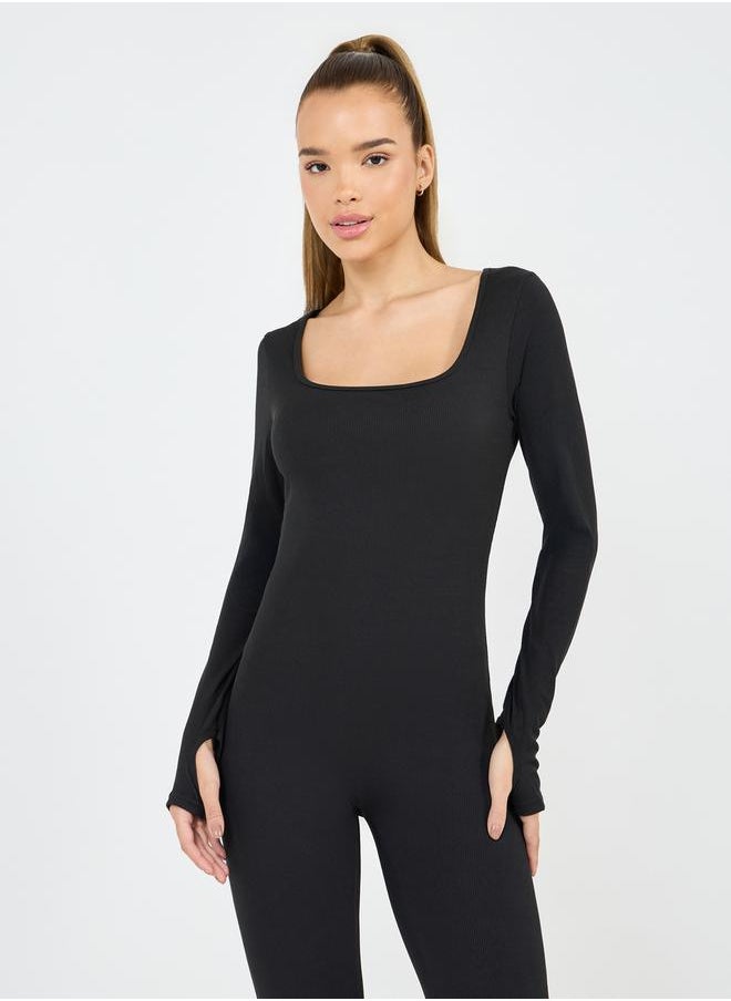 Styli - Textured Thumbhole Detail Square Neck Unitard - Image 1
