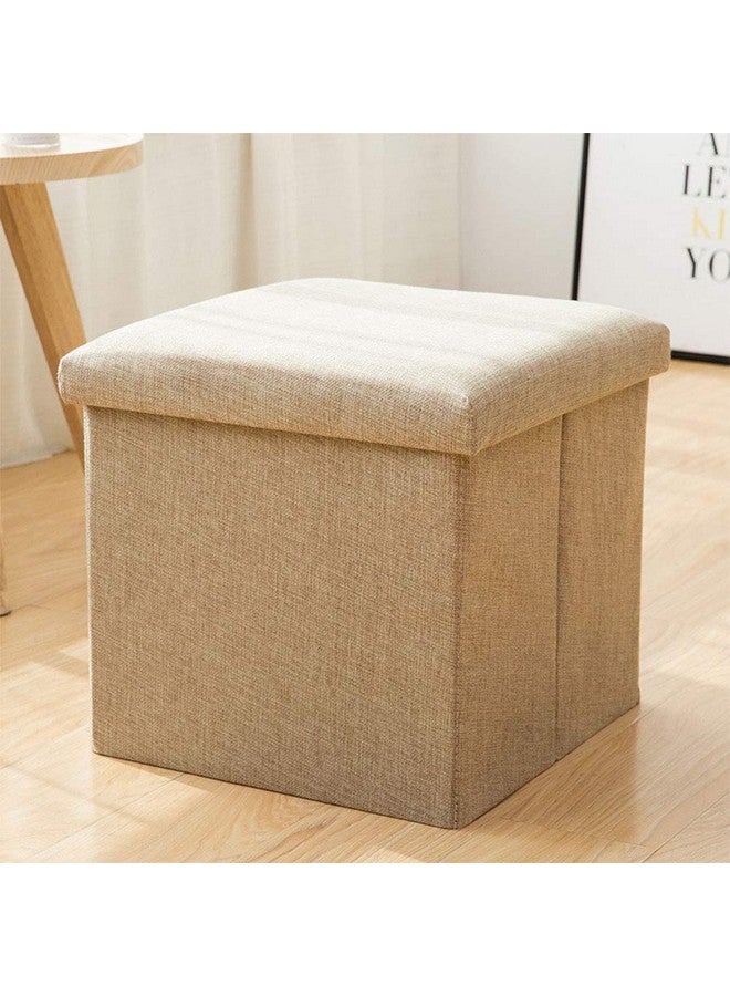 SKYFUN (LABEL) Fabric Linen Collapsible Folding Ottoman Footrest Sitting Cum Storage Cube Stool Bag Bedding Organizer (Beige) - Image 1