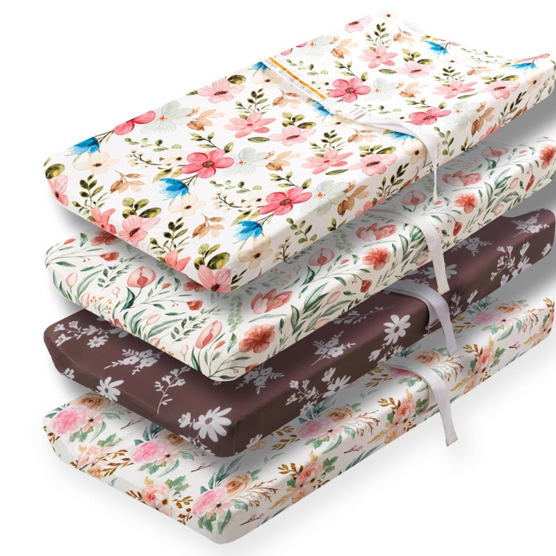 FIGEPO 4 Pack Baby Girl Changing Pad Covers Sheets Set Soft Fitted Floral or Elephant Theme Baby Girl Mattress Covers Breathable Toddler Bed Sheets for Infant or Newborn Girls Flower Changing Pad Covers - Image 2