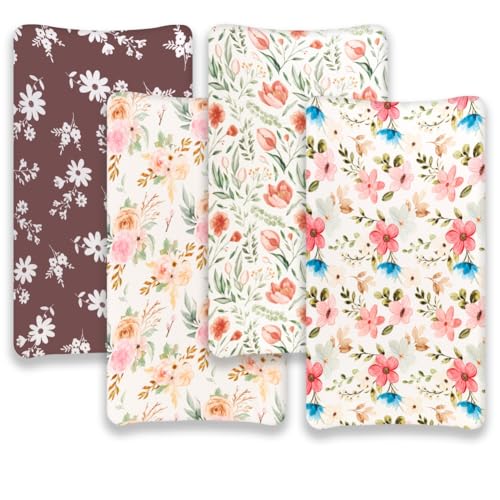 FIGEPO 4 Pack Baby Girl Changing Pad Covers Sheets Set Soft Fitted Floral or Elephant Theme Baby Girl Mattress Covers Breathable Toddler Bed Sheets for Infant or Newborn Girls Flower Changing Pad Covers - Image 3
