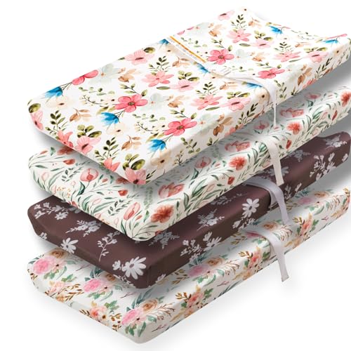 FIGEPO 4 Pack Baby Girl Changing Pad Covers Sheets Set Soft Fitted Floral or Elephant Theme Baby Girl Mattress Covers Breathable Toddler Bed Sheets for Infant or Newborn Girls Flower Changing Pad Covers - Image 1