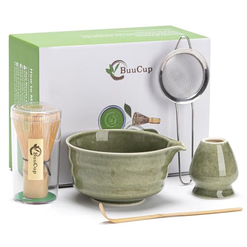 Buucup Matcha Set, Matcha Bowl with Spout, Matcha Whisk and Holder, Bamboo matcha Scoop and Stainless Sifter - 5 Pcs Jade Green Matcha Set Kit for Matcha Lover - Image 1