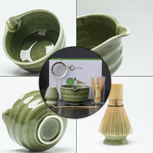 Buucup Matcha Set, Matcha Bowl with Spout, Matcha Whisk and Holder, Bamboo matcha Scoop and Stainless Sifter - 5 Pcs Jade Green Matcha Set Kit for Matcha Lover - Image 2
