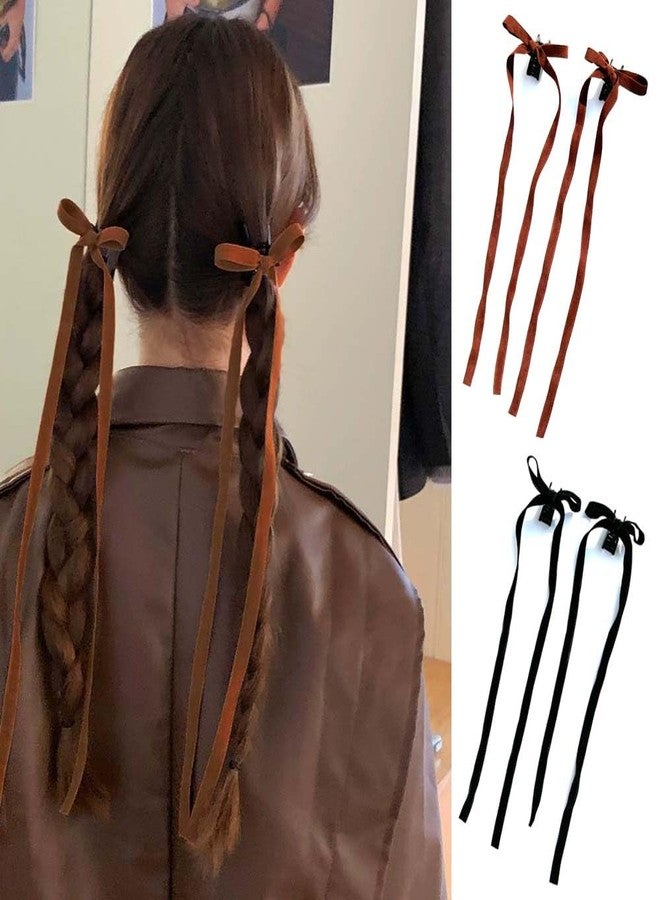 Funlovin Elegant Hair Clips Set: 2 Pairs Velvet Ribbon Bows with Long Tails for Women, Girls, Teens - Claw Clips in Black and Khaki for Thick or Thin Hair - Image 1