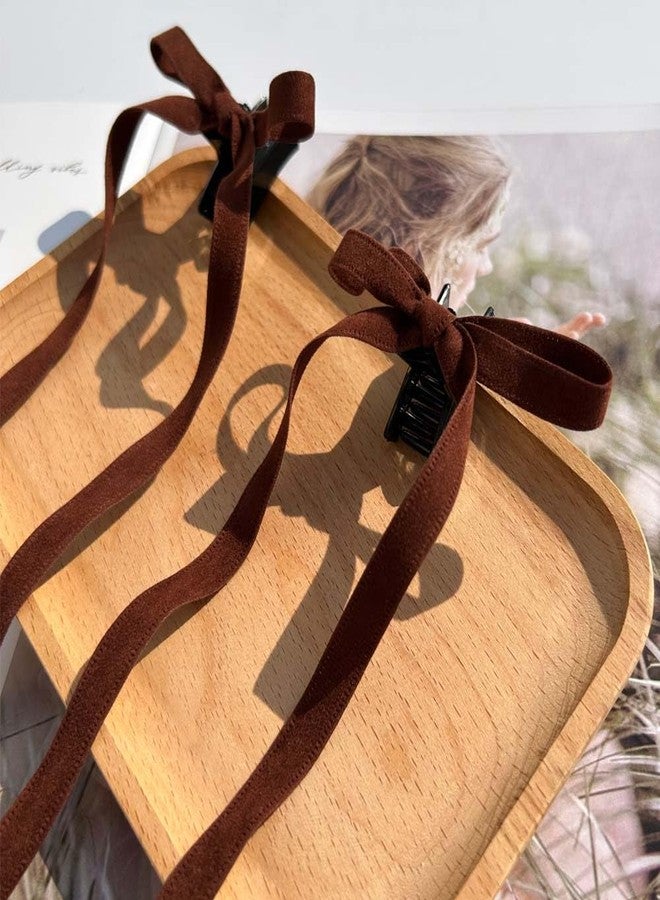 Funlovin Elegant Hair Clips Set: 2 Pairs Velvet Ribbon Bows with Long Tails for Women, Girls, Teens - Claw Clips in Black and Khaki for Thick or Thin Hair - Image 4