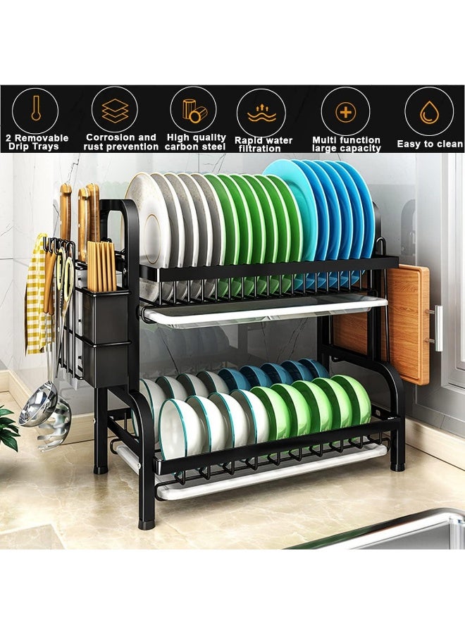رف تجفيف الأطباق  من الفولاذ ، حامل/رف تصريف/منظم مطبخ/منضدة لتخزين الأدوات من طبقتين (أسود) - Image 2