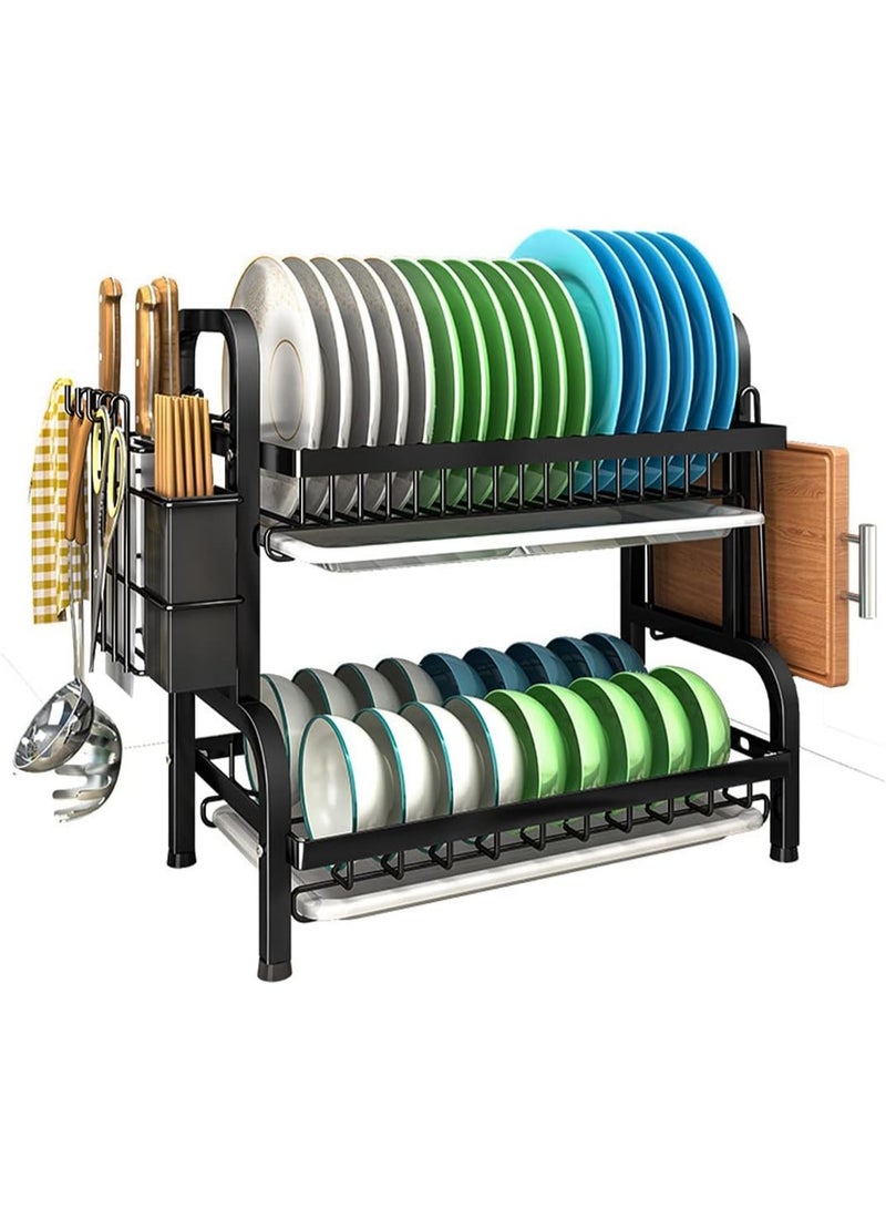 رف تجفيف الأطباق  من الفولاذ ، حامل/رف تصريف/منظم مطبخ/منضدة لتخزين الأدوات من طبقتين (أسود) - Image 1
