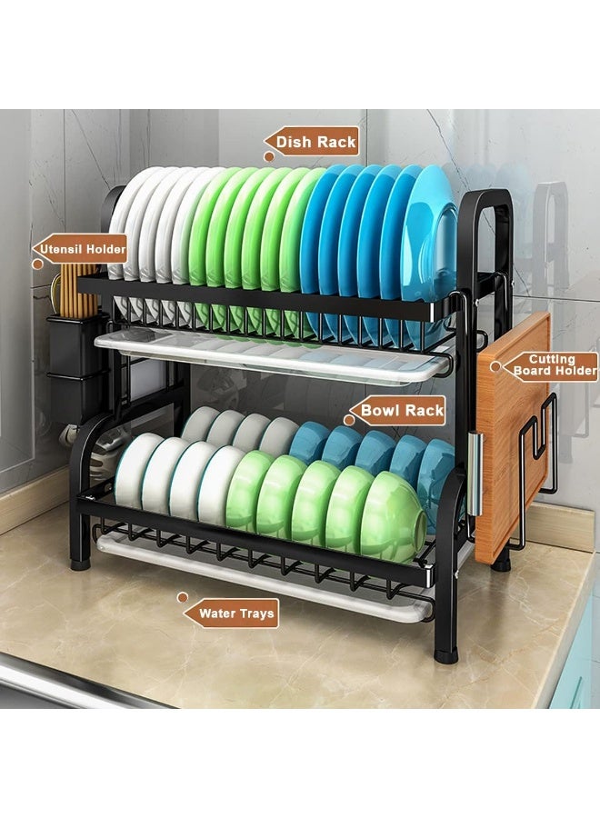 رف تجفيف الأطباق  من الفولاذ ، حامل/رف تصريف/منظم مطبخ/منضدة لتخزين الأدوات من طبقتين (أسود) - Image 3