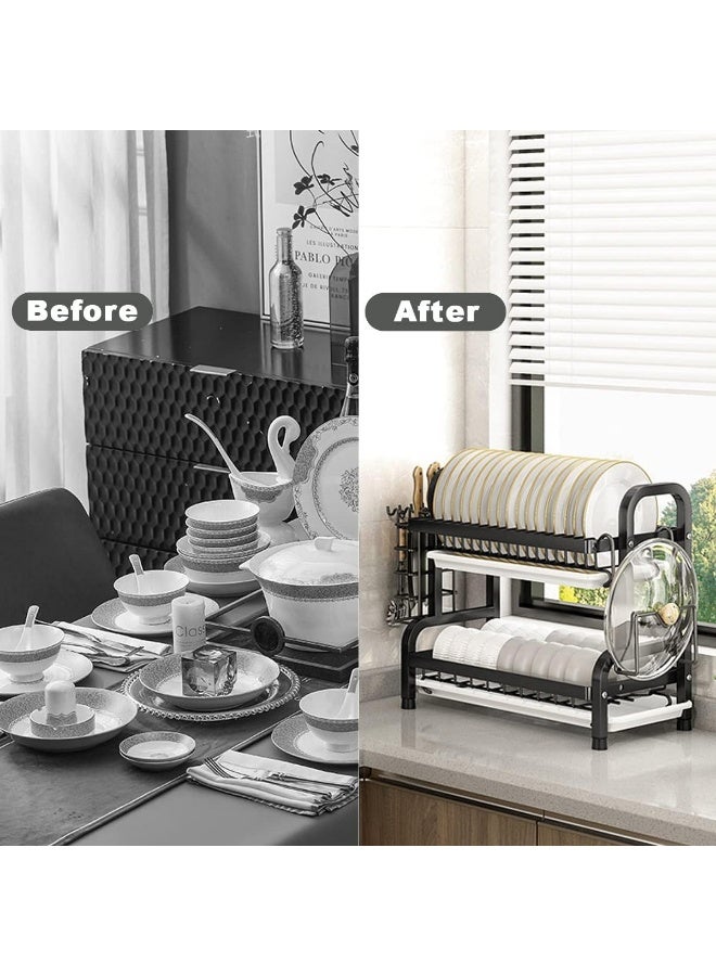 رف تجفيف الأطباق  من الفولاذ ، حامل/رف تصريف/منظم مطبخ/منضدة لتخزين الأدوات من طبقتين (أسود) - Image 5