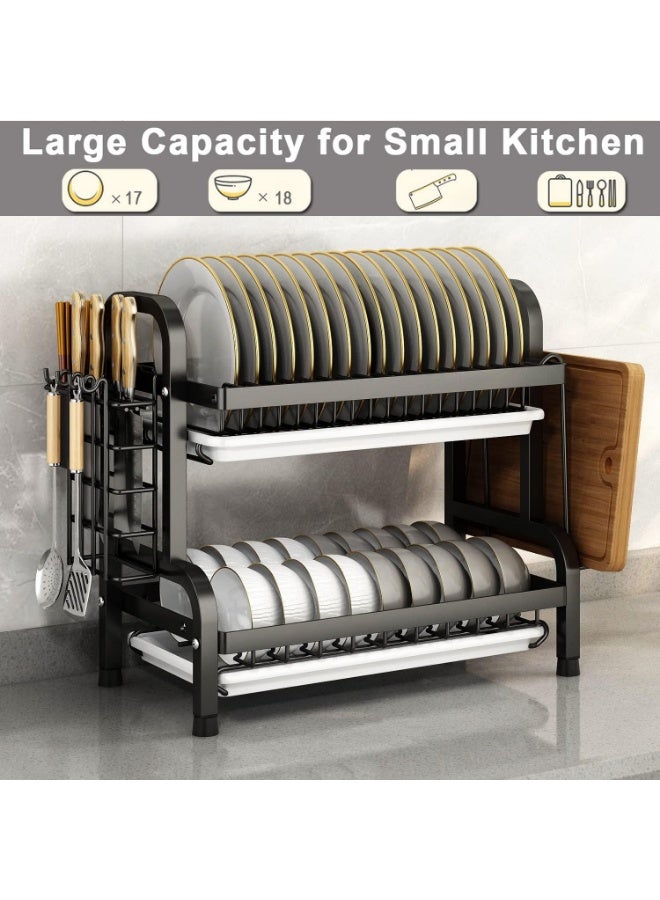 رف تجفيف الأطباق  من الفولاذ ، حامل/رف تصريف/منظم مطبخ/منضدة لتخزين الأدوات من طبقتين (أسود) - Image 4
