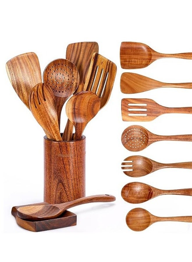 HOOPZOZA 9PCS Wooden Cooking Spoon Set  Wooden Spoons for Cooking Wooden Utensils for Cooking Wooden Cooking Utensils Natural Teak Wooden Kitchen Utensil Set with Spoon Rest - Image 1
