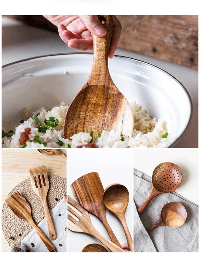 HOOPZOZA 9PCS Wooden Cooking Spoon Set  Wooden Spoons for Cooking Wooden Utensils for Cooking Wooden Cooking Utensils Natural Teak Wooden Kitchen Utensil Set with Spoon Rest - Image 2