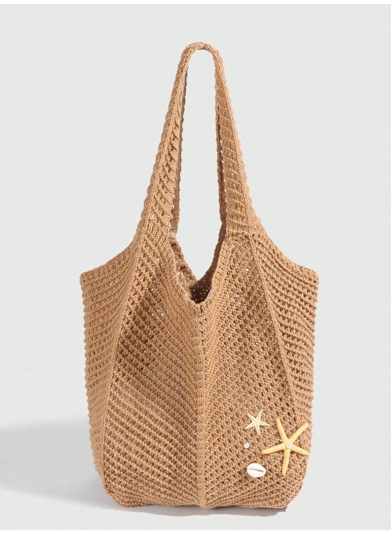 Shein 1pc Tropical Ocean Beach Resort Style Woven Hollow Khaki Women Shoulder Tote Bag, Large Capacity , Beach Bag - Image 1