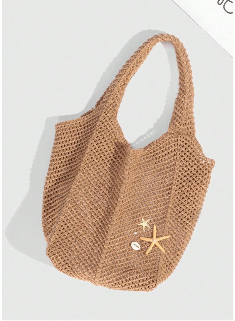 Shein 1pc Tropical Ocean Beach Resort Style Woven Hollow Khaki Women Shoulder Tote Bag, Large Capacity , Beach Bag - Image 4