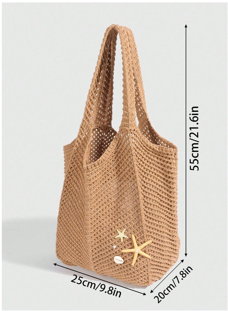Shein 1pc Tropical Ocean Beach Resort Style Woven Hollow Khaki Women Shoulder Tote Bag, Large Capacity , Beach Bag - Image 5