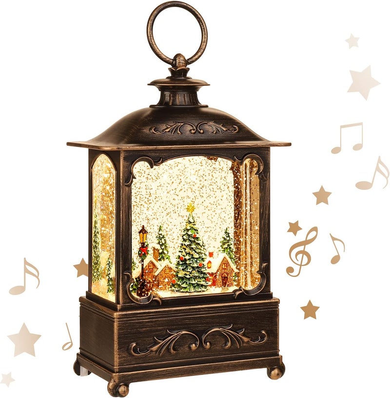 KAMPGO Christmas Village Snow Globe Lantern,Christmas Decorations Indoor Water Lantern Swirling Glittering with Music & Timer, USB/Battery Operated Lighted Lanterns for Home Decor Gifts (Forest House) - Image 1