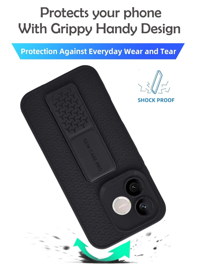 Honor 600 Lite - Black Semi Soft Self Designed Magnetic Back Stand Case  With Foldable Kickstand & Finger Strap - Image 3