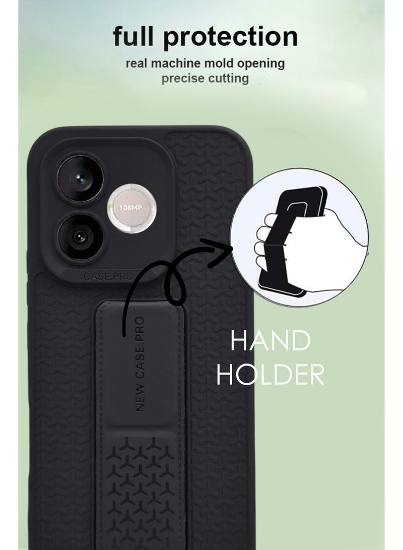 Honor 600 Lite - Black Semi Soft Self Designed Magnetic Back Stand Case  With Foldable Kickstand & Finger Strap - Image 4