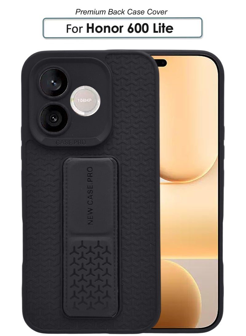 Honor 600 Lite - Black Semi Soft Self Designed Magnetic Back Stand Case  With Foldable Kickstand & Finger Strap - Image 1