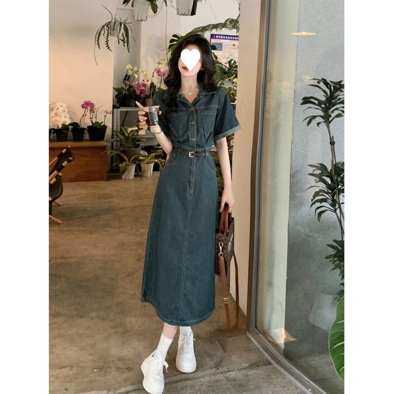Denim Dress Womens Summer Niche Design High-end Feeling Temperament Goddess Fan Hong Kong Style Vintage Chic Long Dress Blue
