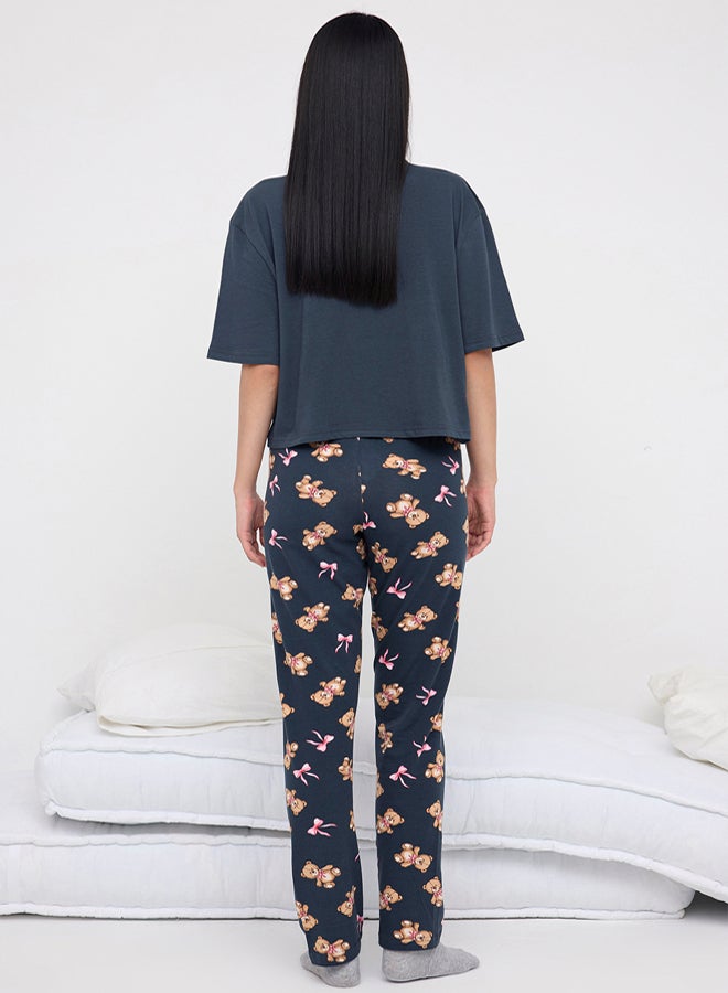 trendyol Anthracite Cotton Teddy Bear and Ribbon/Bow Printed Lycra Knitted Pajamas Set - Image 4