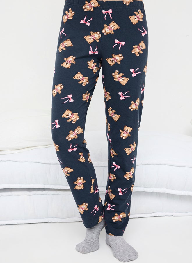 trendyol Anthracite Cotton Teddy Bear and Ribbon/Bow Printed Lycra Knitted Pajamas Set - Image 3