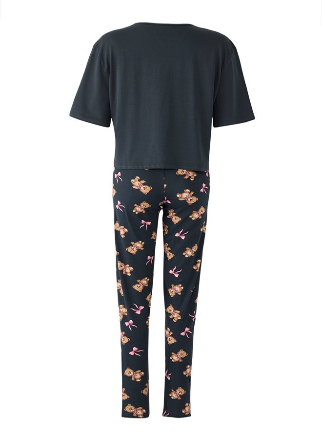 trendyol Anthracite Cotton Teddy Bear and Ribbon/Bow Printed Lycra Knitted Pajamas Set - Image 5