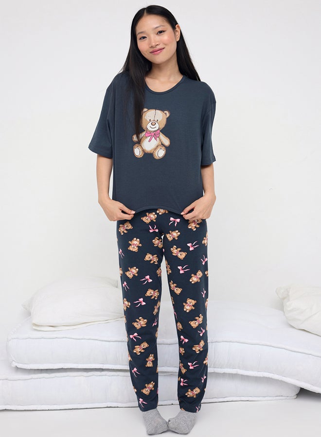 trendyol Anthracite Cotton Teddy Bear and Ribbon/Bow Printed Lycra Knitted Pajamas Set - Image 2