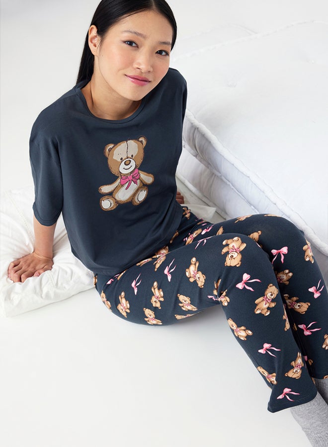 trendyol Anthracite Cotton Teddy Bear and Ribbon/Bow Printed Lycra Knitted Pajamas Set - Image 1