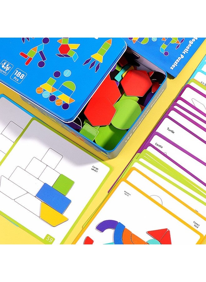 188 قطعة صندوق حديد مغناطيسي إبداعي لغز هندسي الشكل تانجرام مجمعة مكعبات بناء خشبية لرياض الأطفال 3-6 اللون: صندوق حديد مغناطيسي 188+40 بطاقة مزدوجة الجوانب + أطلس - Image 2