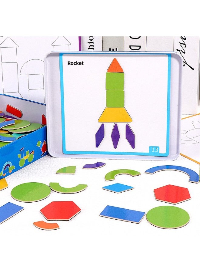 188 قطعة صندوق حديد مغناطيسي إبداعي لغز هندسي الشكل تانجرام مجمعة مكعبات بناء خشبية لرياض الأطفال 3-6 اللون: صندوق حديد مغناطيسي 188+40 بطاقة مزدوجة الجوانب + أطلس - Image 3