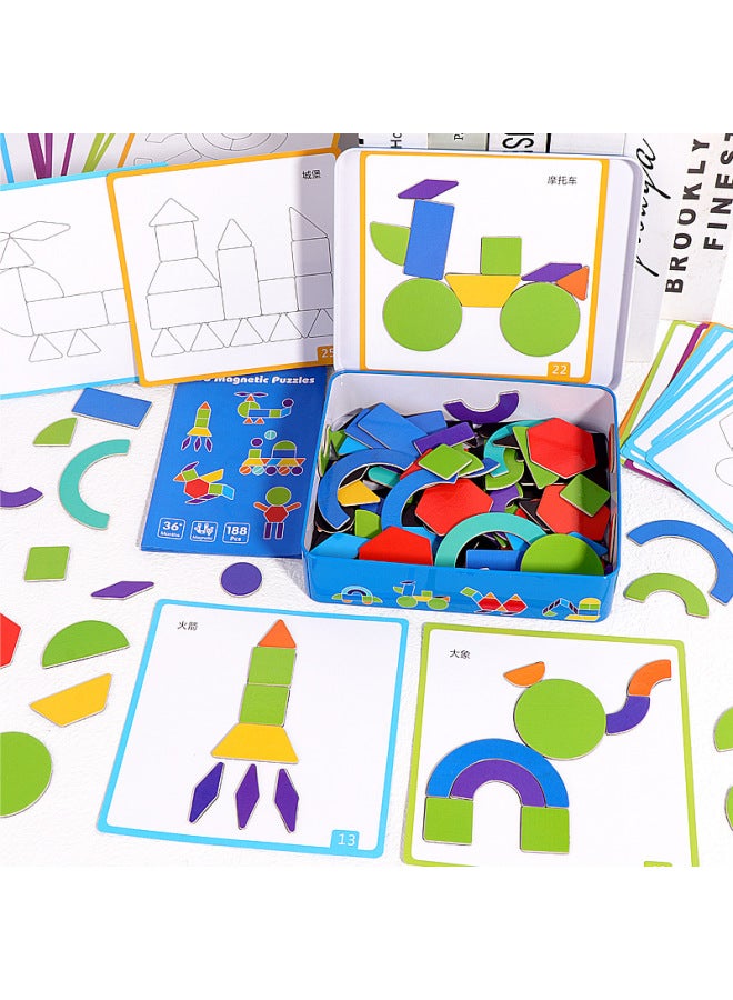188 قطعة صندوق حديد مغناطيسي إبداعي لغز هندسي الشكل تانجرام مجمعة مكعبات بناء خشبية لرياض الأطفال 3-6 اللون: صندوق حديد مغناطيسي 188+40 بطاقة مزدوجة الجوانب + أطلس - Image 1