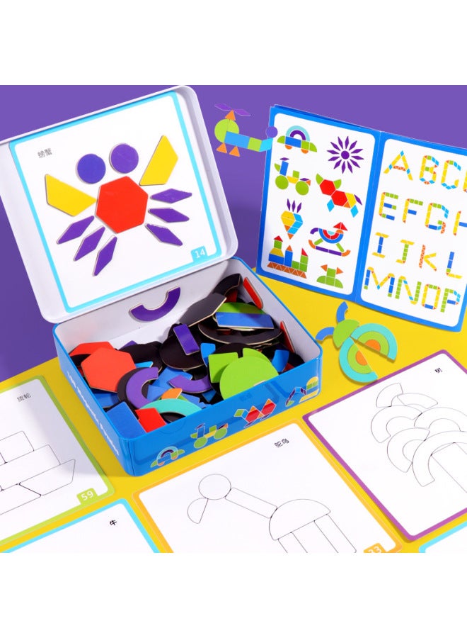 188 قطعة صندوق حديد مغناطيسي إبداعي لغز هندسي الشكل تانجرام مجمعة مكعبات بناء خشبية لرياض الأطفال 3-6 اللون: صندوق حديد مغناطيسي 188+40 بطاقة مزدوجة الجوانب + أطلس - Image 4
