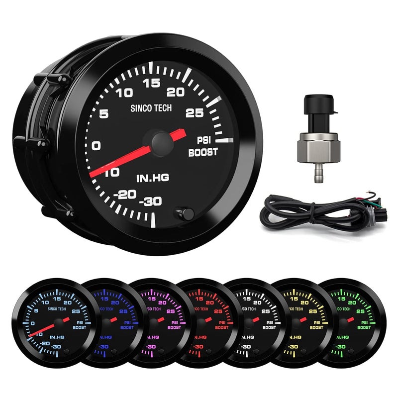 SINCO TECH 7 Color Gauge Kit 2" 52mm Boost Gauge with Sensor - Image 1