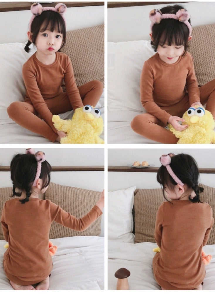 طقم ملابس داخلية حرارية للأطفال بلون سادة، قطع علوية وسفلية ناعمة، طقم بيجامات ناعمة للأطفال - Image 3