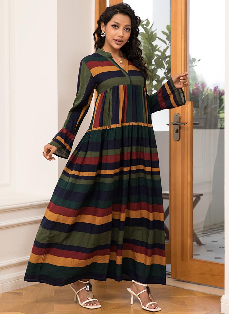 FridayIn Classical V-neck Geometry Stripe Splicing Flared sleeve Long Dresses Variant Color - Image 1