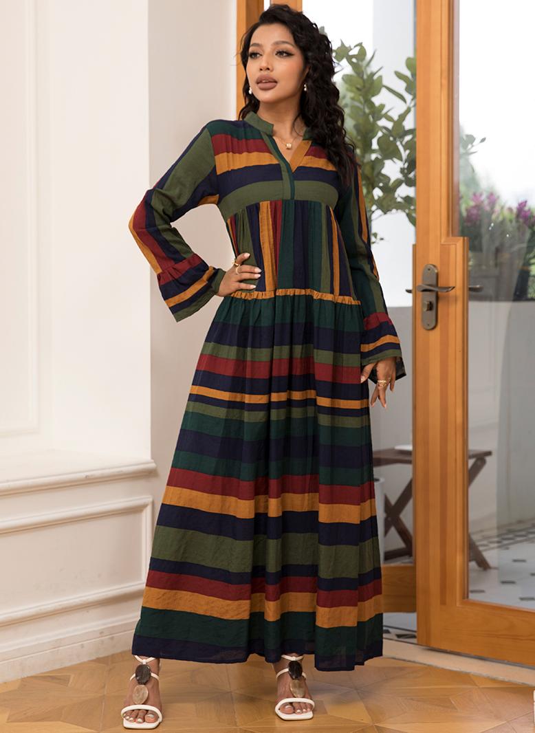 FridayIn Classical V-neck Geometry Stripe Splicing Flared sleeve Long Dresses Variant Color - Image 4