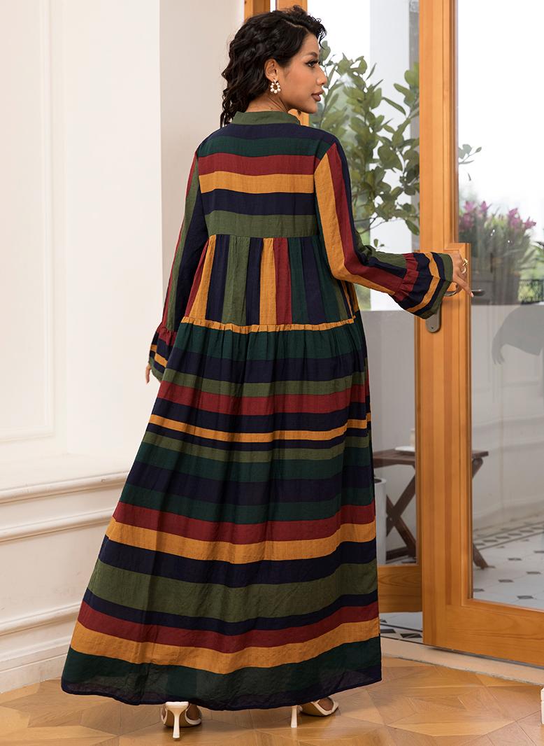 FridayIn Classical V-neck Geometry Stripe Splicing Flared sleeve Long Dresses Variant Color - Image 2